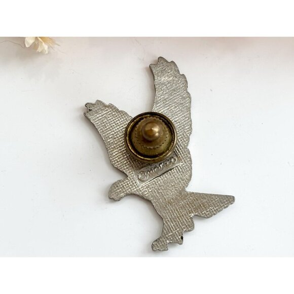 White Enameled Bald Eagle Mafco Signed Vintage Silver Toned nclosure Brooch - Picture 4 of 8